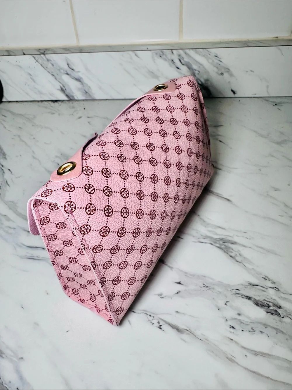 Pink Patterned Clutch with Gold-Tone Hardware